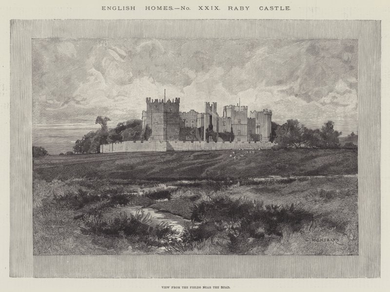 Castelo de Raby, vista dos campos perto da estrada de Charles Auguste Loye