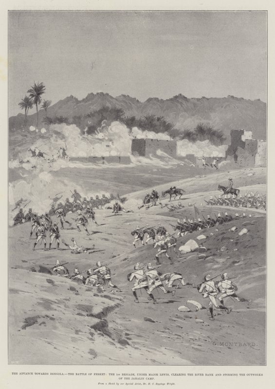 O avanço em direção a Dongola, a Batalha de Ferket, a 1ª Brigada, sob o comando do Major Lewis, limpando a margem do rio e invadindo o Outworks do Acampamento de Jahalin de Charles Auguste Loye