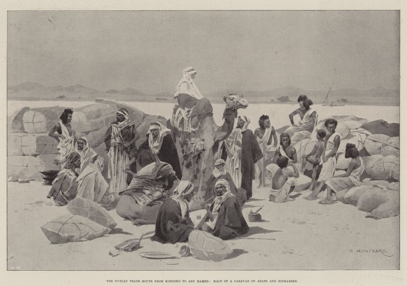 A Rota Comercial Núbia de Korosko a Abu Hamed, Parada de uma Caravana de Árabes e Bishareen de Charles Auguste Loye