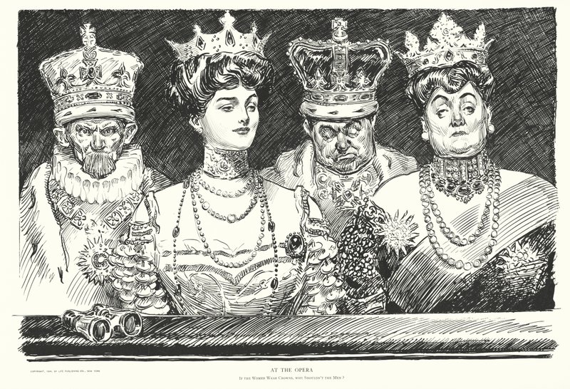 Na ópera, se as mulheres usam coroas, porque é que os homens não hão-de usar (litografia) de Charles Dana Gibson