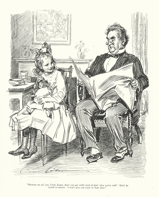 "Aqui entre nós, tio Jasper, não se cansa de fazer o que lhe mandam Não tenhas medo de responder. Eu não te vou entregar à tia Jane" (litografia) de Charles Dana Gibson