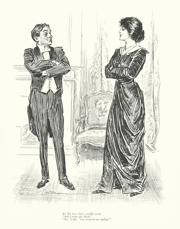 Ele: Tivemos uma discussão terrível. "E eu saí a ganhar." "Não. Eu é que saí. Aceitaste as minhas desculpas" (litografia) de Charles Dana Gibson