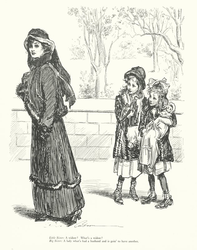Irmãzinha: Uma viúva O que é que é uma viúva Irmã mais velha: Uma senhora que teve um marido e vai ter outro (litografia) de Charles Dana Gibson