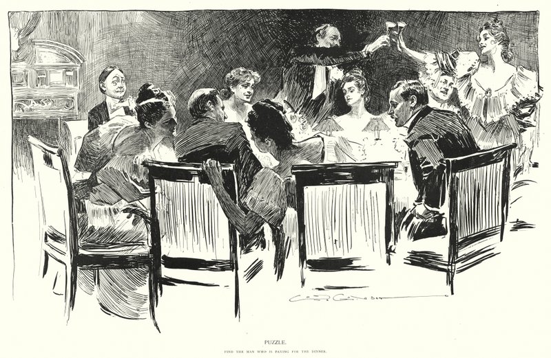 Puzzle, encontra o homem que está a pagar o jantar (litho) de Charles Dana Gibson