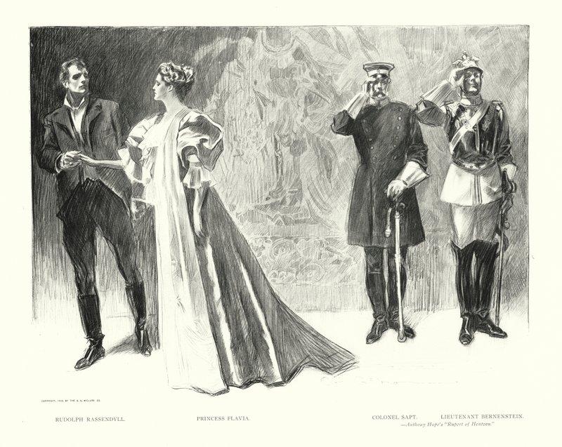 Rudolph Rassendyll, Princesa Flávia, Coronel Sapt, Tenente Bernenstein (litografia) de Charles Dana Gibson