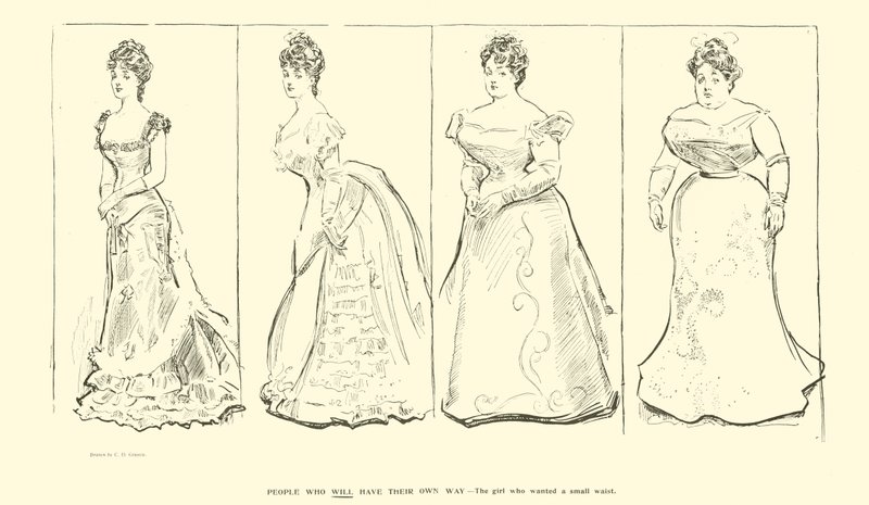 A rapariga que queria uma cintura pequena (litho) de Charles Dana Gibson