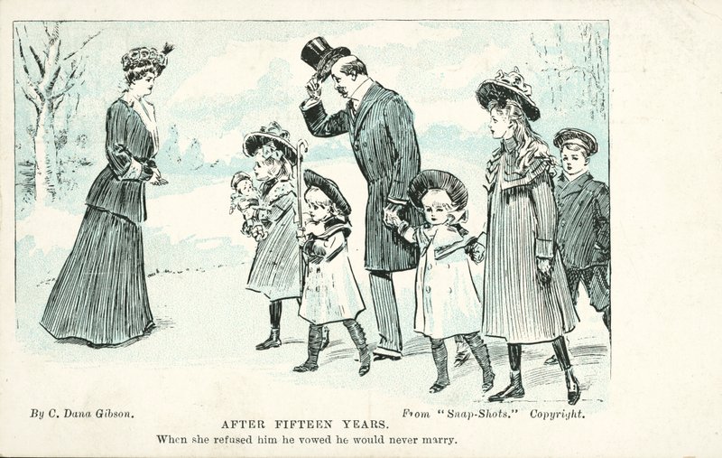 Mulher que encontra o homem que recusou em casamento e que jurou que ele nunca se casaria (cor litho) de Charles Dana Gibson