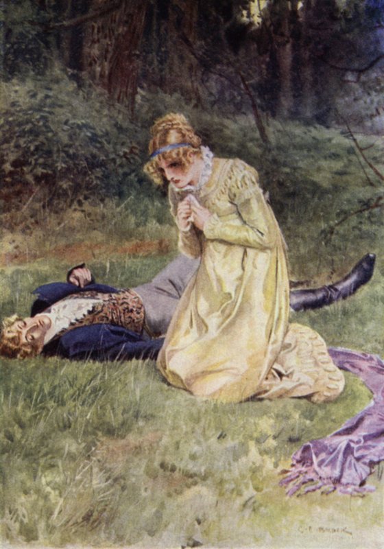 Ilustração para The Amateur Gentleman por Jeffery Farnol (lito colorido) de Charles Edmund (after) Brock
