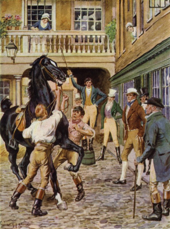 Ilustração para The Amateur Gentleman por Jeffery Farnol (lito colorido) de Charles Edmund (after) Brock