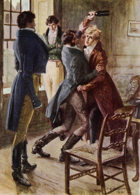 Ilustração para The Amateur Gentleman por Jeffery Farnol (lito colorido) de Charles Edmund (after) Brock