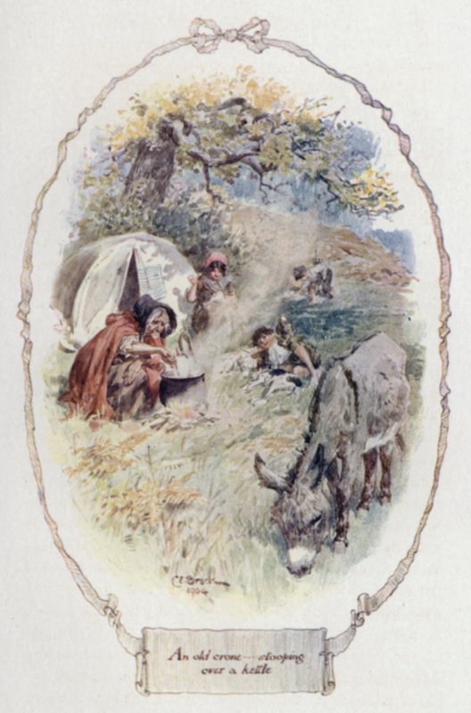 Uma velha crona inclinando-se sobre uma chaleira (cor litho) de Charles Edmund Brock