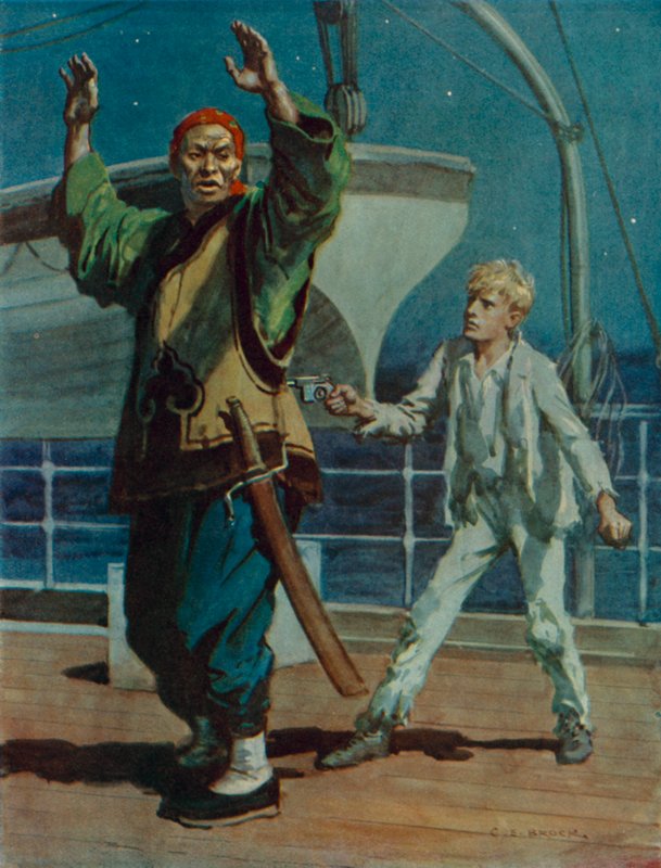 Rapaz segurando um pirata chinês à mão armada, cena do Hai Ping the Pirate (cor litho) de Charles Edmund Brock
