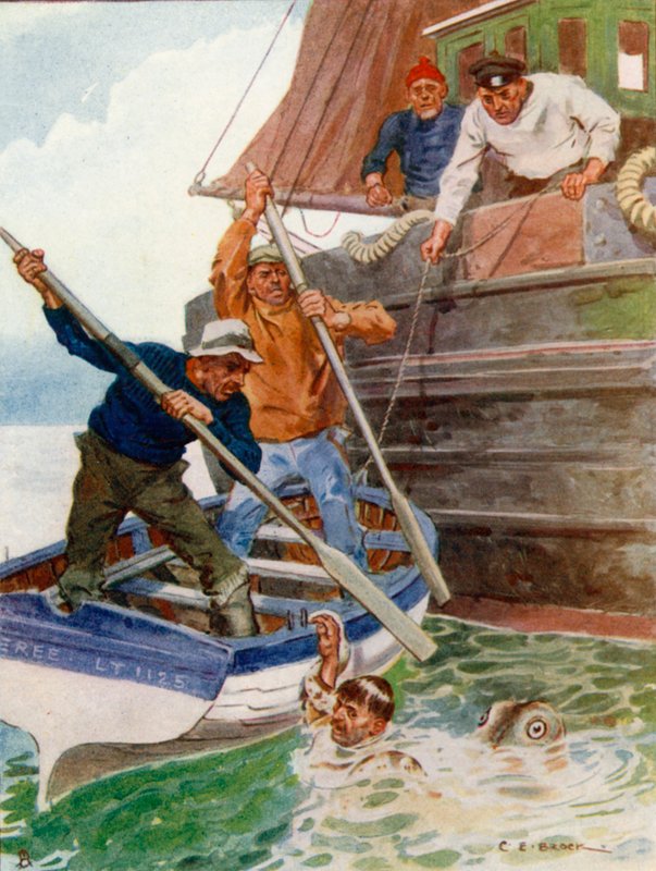 Os dois homens no barco começaram freneticamente a bater e cavar em um objeto repugnante de Charles Edmund Brock