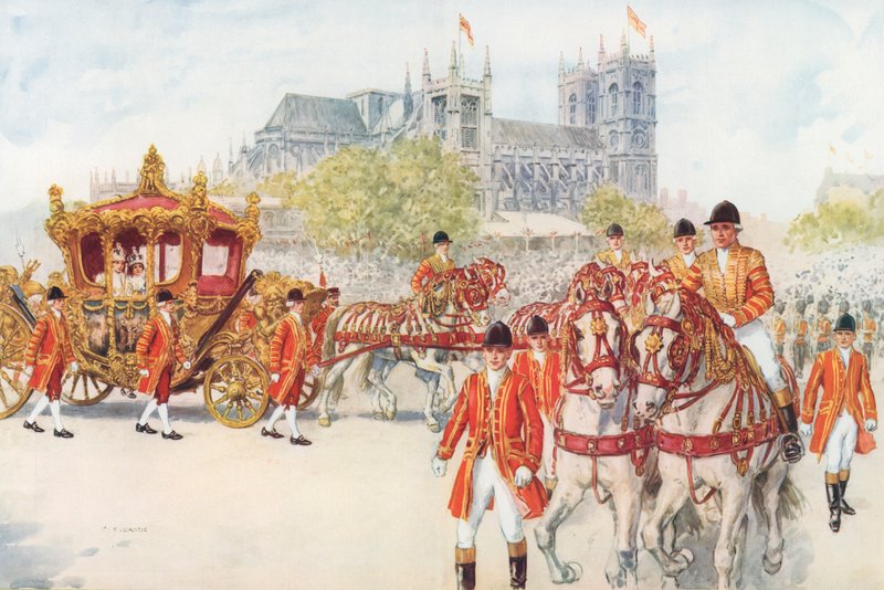 O treinador de coroação liga para o aterro (cor litho) de Charles Edmund Brock