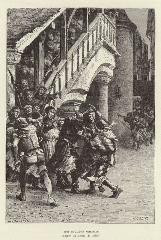 Mort de Jacques Artevelde. Morte do mercador e líder político flamengo Jacob van Artevelde às mãos de uma multidão, Ghent de Charles Edouard Delort