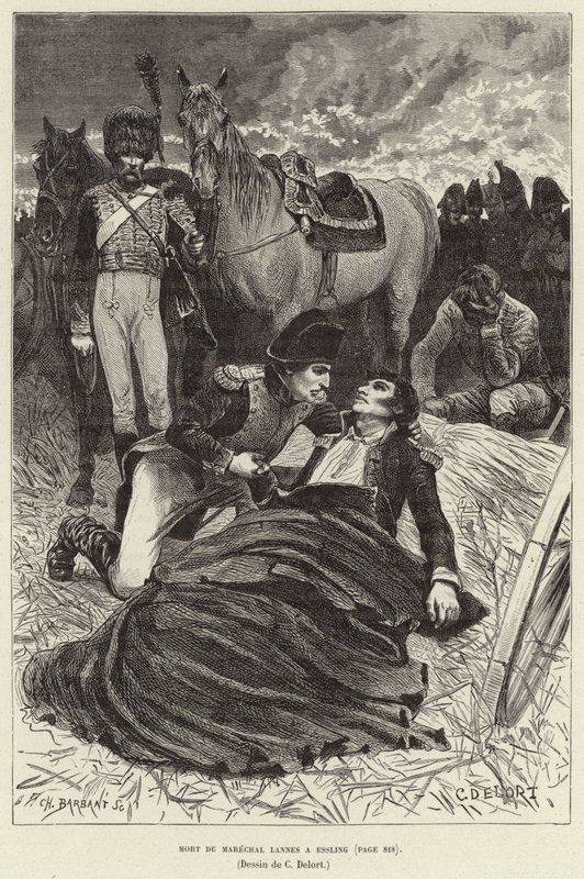 Mort du Marechal Lannes a Essling; Napoleão e o moribundo Marechal Lannes na Batalha de Aspern-Essling, Áustria de Charles Edouard Delort