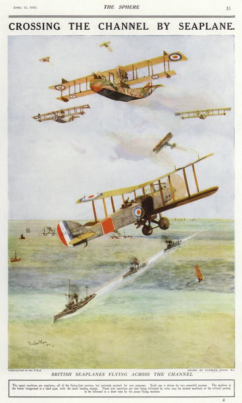 Aviões marinhos britânicos que sobrevoam o Canal da Mancha (cor litho) de Charles Edward (after) Dixon