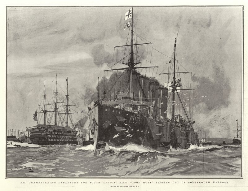 Partida de Sr. Chamberlain para a África do Sul, HMS Good Hope, saindo do Porto de Portsmouth de Charles Edward Dixon