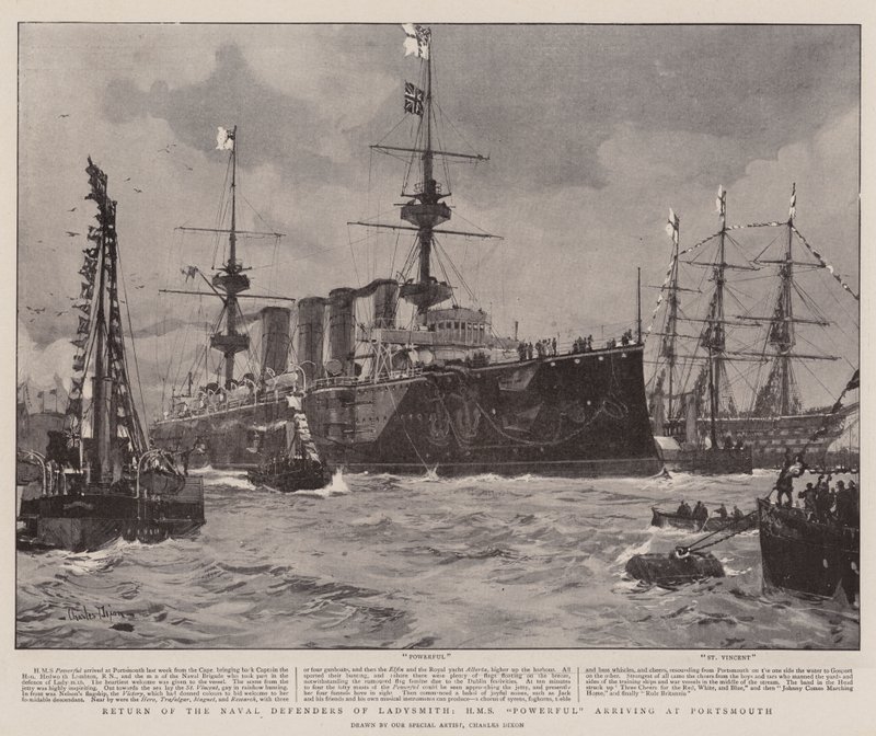 Retorno dos Defensores Navais de Ladysmith, HMS Poderoso chegando a Portsmouth de Charles Edward Dixon