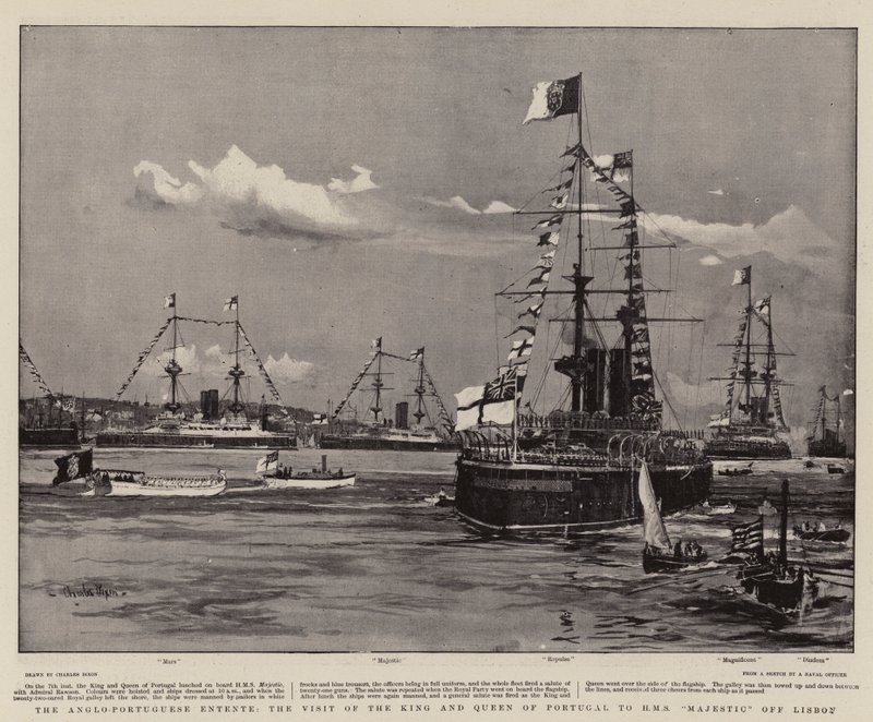 A Entente Anglo-Portuguesa, a Visita do Rei e Rainha de Portugal ao HMS Majestic ao largo de Lisboa de Charles Edward Dixon