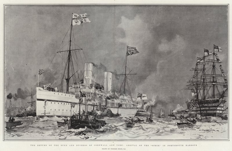 O retorno do duque e da duquesa de Cornwall e York, chegada do Ophir no porto de Portsmouth de Charles Edward Dixon