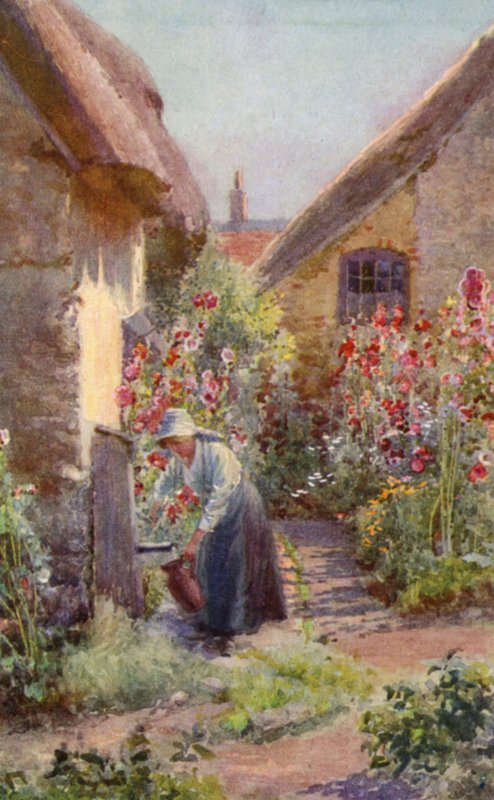 Hollyhocks in a Cottage Garden (cor litho) de Charles Edwin Flower
