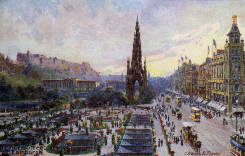 Princes Street, Edinburgh, Escócia (cor litho) de Charles Edwin Flower