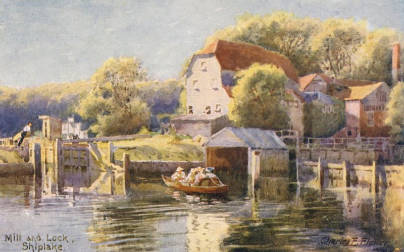Rio Tamisa: Moinho e eclusa de Shiplake (litografia a cores) de Charles Edwin Flower