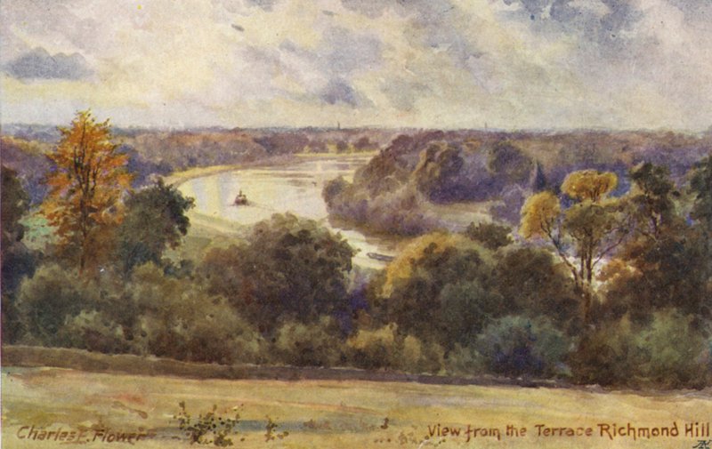 Rio Tamisa: Vista do terraço de Richmond Hill (litografia a cores) de Charles Edwin Flower