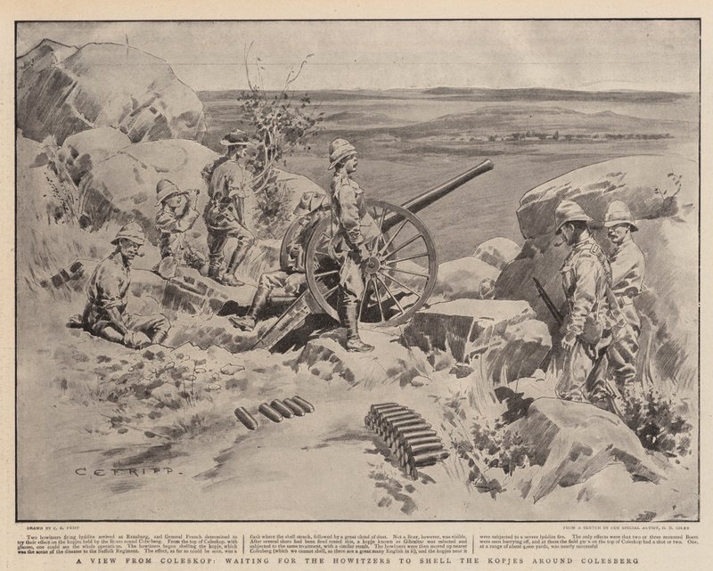 Uma vista de Coleskop, esperando os obuses para descascar os Kopjes em volta de Colesberg de Charles Edwin Fripp