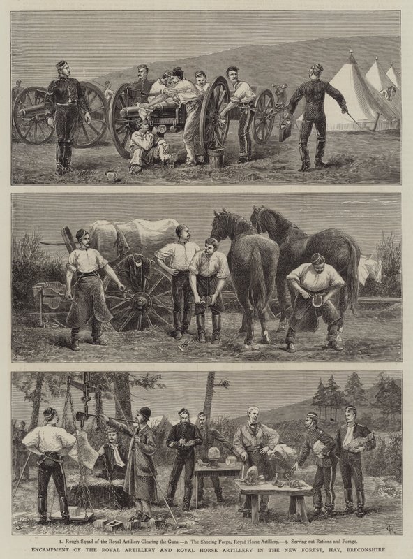 Acampamento da Artilharia Real e Artilharia Real a Cavalo na Floresta Nova, Hay, Breconshire de Charles Edwin Fripp