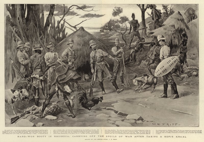 O espólio duramente conquistado na Rodésia, levando os espólios da guerra depois de tomar um Kopje Kraal de Charles Edwin Fripp