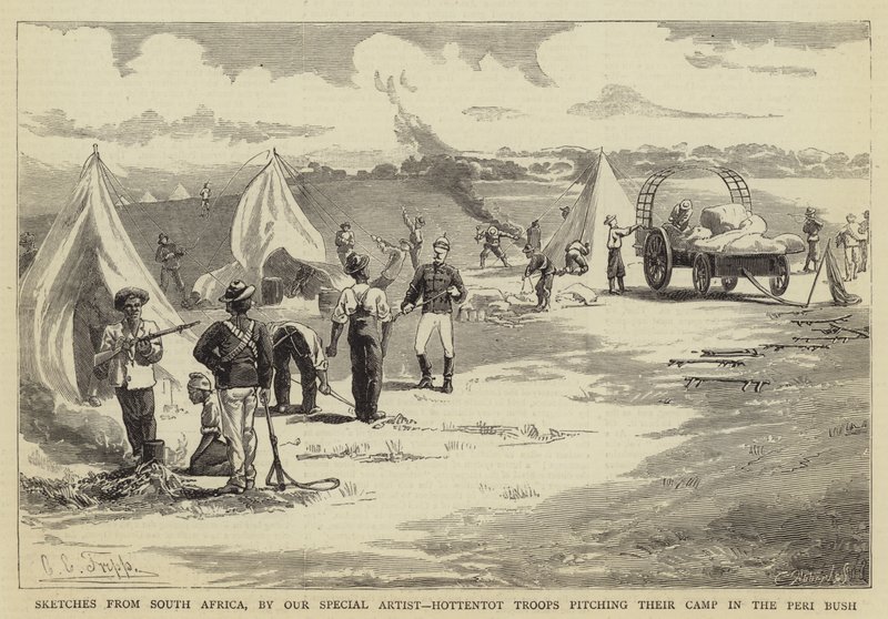 Esboços da África do Sul, Tropas Hotentotes lançando seu Acampamento no Peri Bush de Charles Edwin Fripp