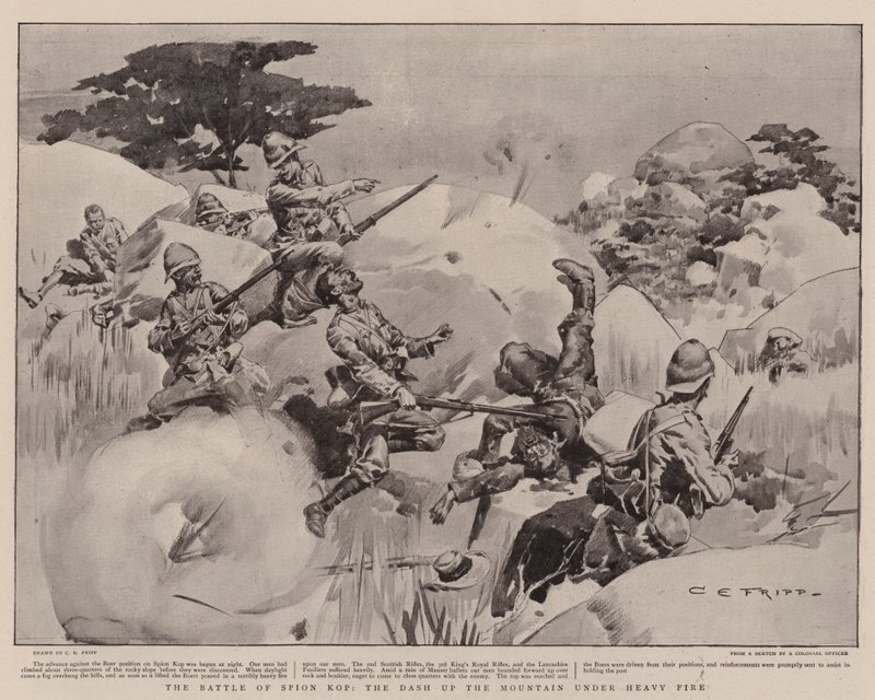 A Batalha de Spion Kop, a subida da montanha sob fogo pesado de Charles Edwin Fripp