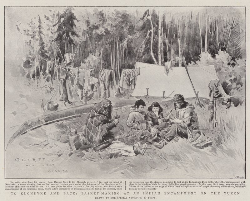 Para Klondyke e Back, Basket-Making at an Indian Encampment on the Yukon (litho) de Charles Edwin Fripp