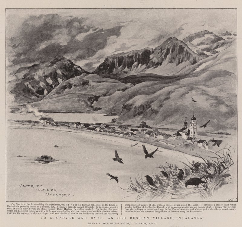 Para Klondyke and Back, uma antiga vila russa no Alasca (litho) de Charles Edwin Fripp