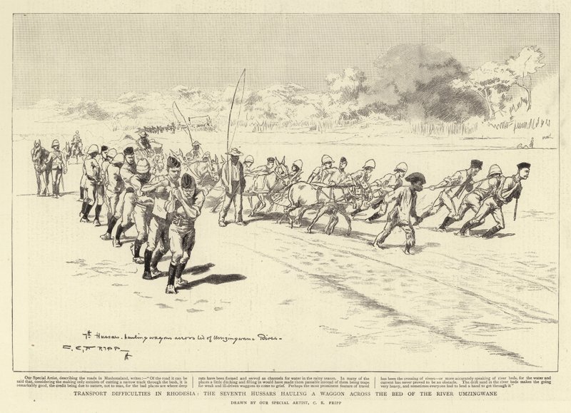 Dificuldades de transporte na Rodésia, os sétimos hussardos transportando um vagão pelo leito do rio Umzingwane de Charles Edwin Fripp