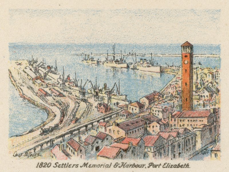 África do Sul: 1820 Settlers Memorial and Harbour, Port Elizabeth (litografia a cores) de Charles Ernest Peers