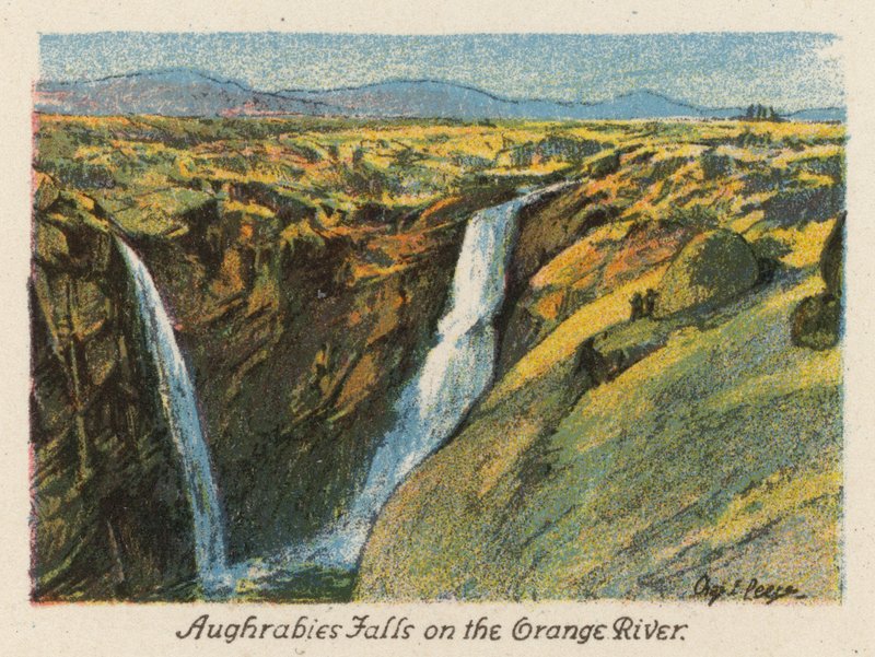 África do Sul: Cataratas de Aughrabies no rio Orange (litografia a cores) de Charles Ernest Peers