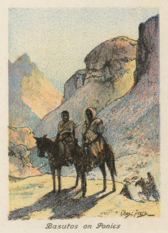 África do Sul: Basutos em póneis (litografia a cores) de Charles Ernest Peers