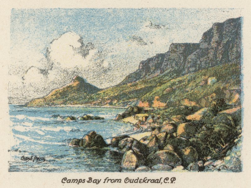 África do Sul: Camps Bay a partir de Oudekraal, CP (litografia a cores) de Charles Ernest Peers