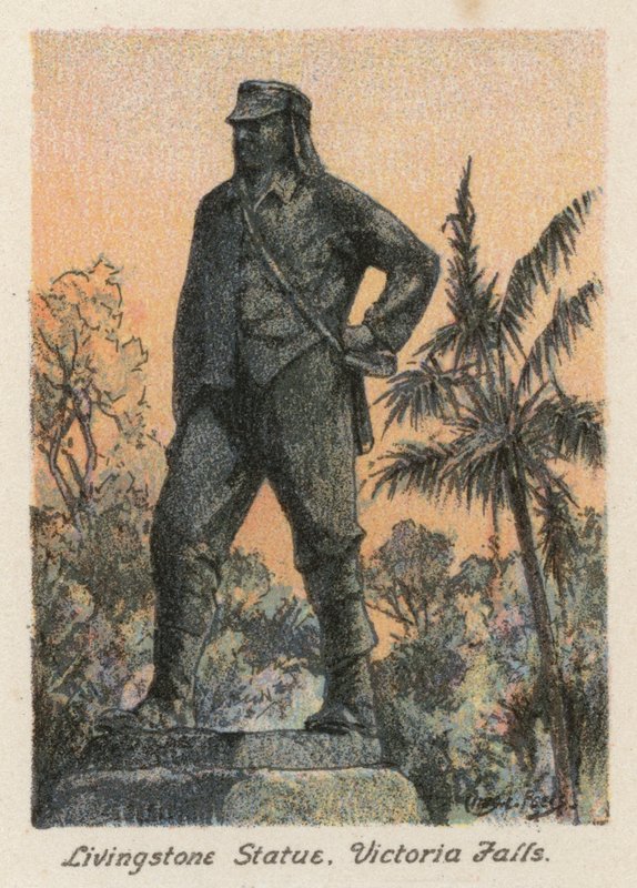 África do Sul: Estátua de Livingstone, Cataratas Vitória (litografia a cores) de Charles Ernest Peers