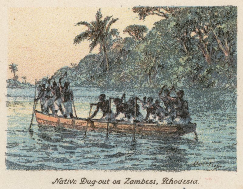 África do Sul: Native Dug-out no Zambesi, Rodésia (litografia a cores) de Charles Ernest Peers