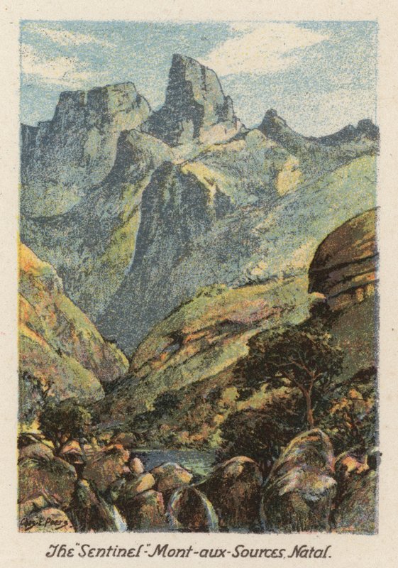 África do Sul: O "Sentinel", Mont-aux-Sources, Natal (litografia a cores) de Charles Ernest Peers