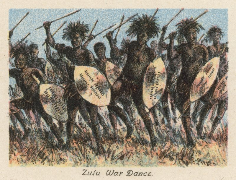 África do Sul: Dança de Guerra Zulu (litografia a cores) de Charles Ernest Peers