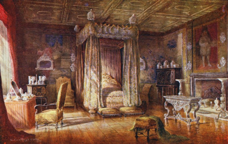 Casa de Knole: Quarto de dormir do Rei Jaime I (litografia a cores) de Charles Essenhigh Corke