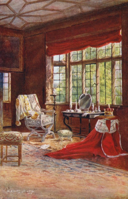 Casa de Knole: Quarto de dormir com lantejoulas, janela (litografia a cores) de Charles Essenhigh Corke