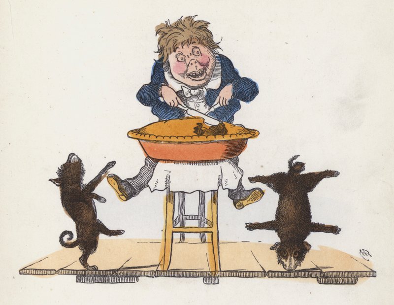 Rapaz a comer uma tarte enquanto o seu cão de estimação faz acrobacias (gravura colorida) de Charles Henry (after) Bennett