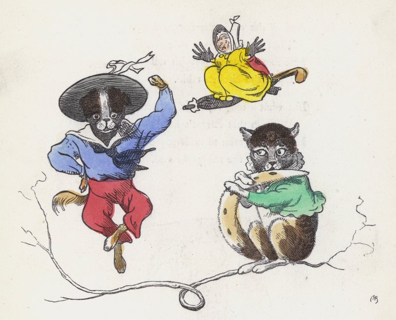 Dame Trottypeg e seu cão e gato de estimação (gravura colorida) de Charles Henry (after) Bennett