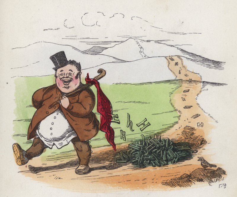 Homem gordo a caminhar por uma estrada deixando cair as suas hérnias (gravura colorida) de Charles Henry (after) Bennett